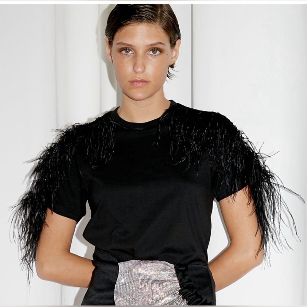 DELFI COLLECTIVE Black Feather Shoulder Detail Tee Top Size XS